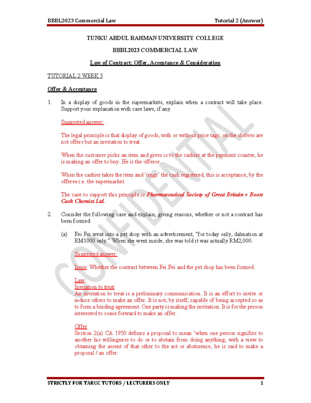 BBBL2023 Tutorial 2 Week 3: Offer & Acceptance in Contract Law - Studocu