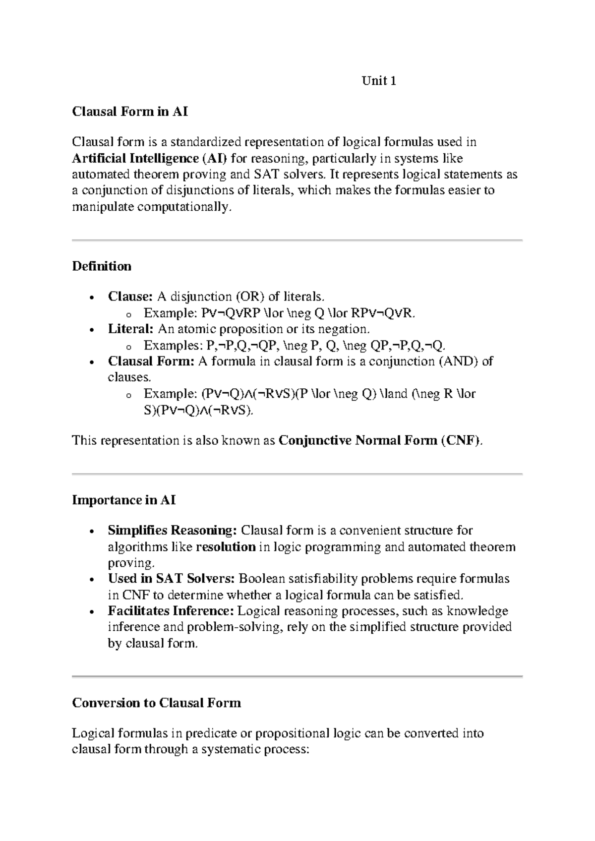 Unit 1AI - Clausal Form and Inference Rules in AI Notes - Studocu