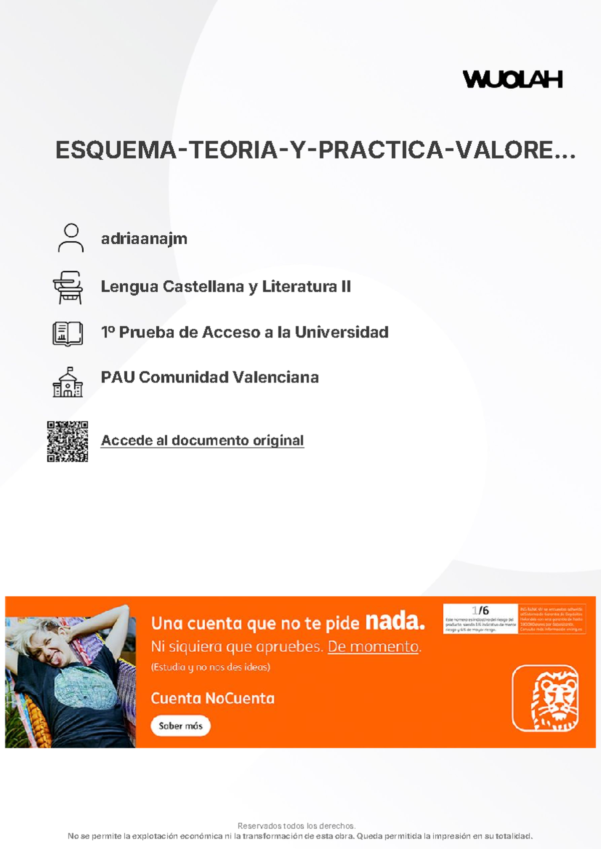 Lengua Castellana y Literatura II - 1º Prueba de Acceso PAU: Valores SE ...