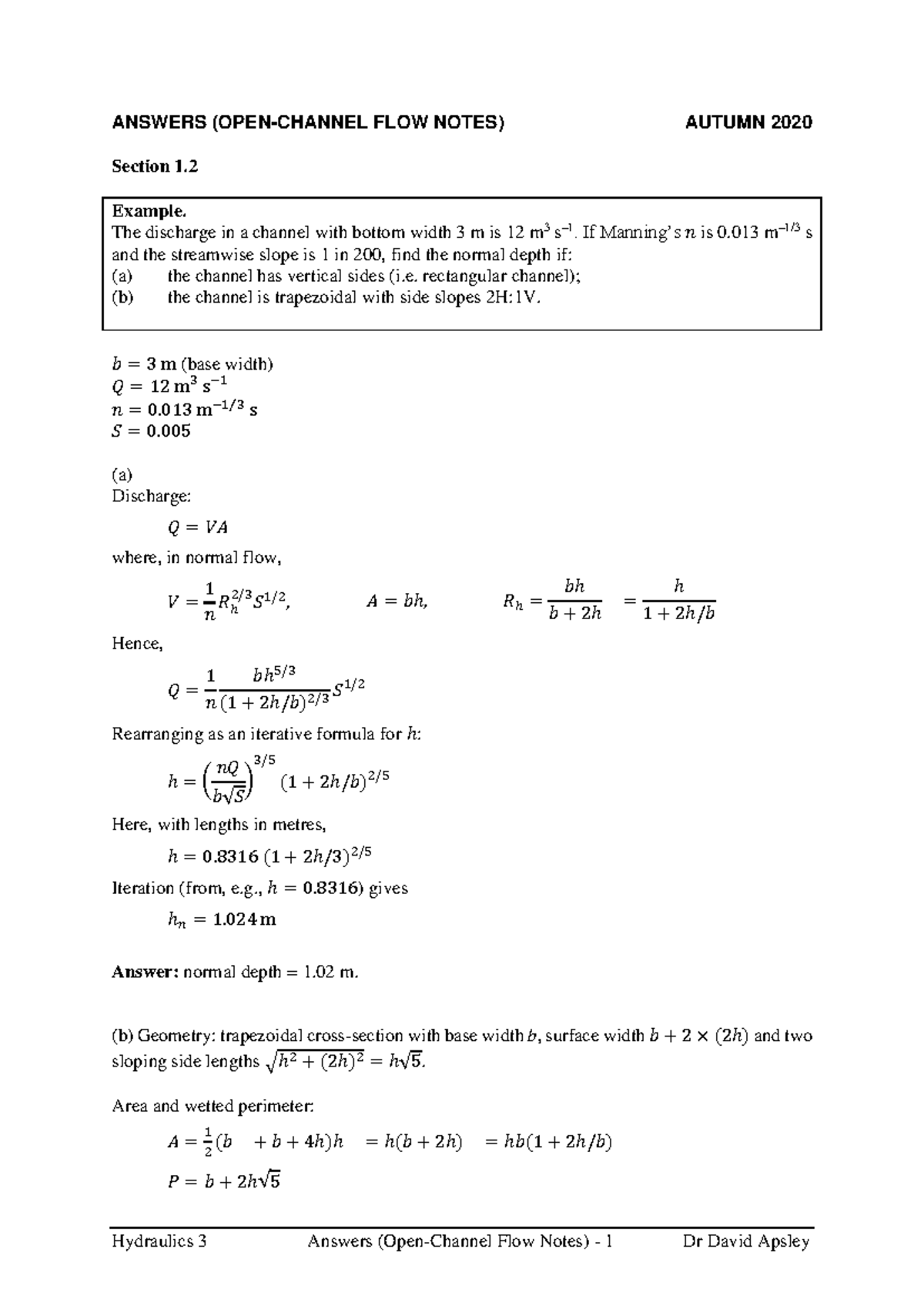 OCFNotes Answers - ANSWERS (OPEN-CHANNEL FLOW NOTES) AUTUMN 20 20 ...