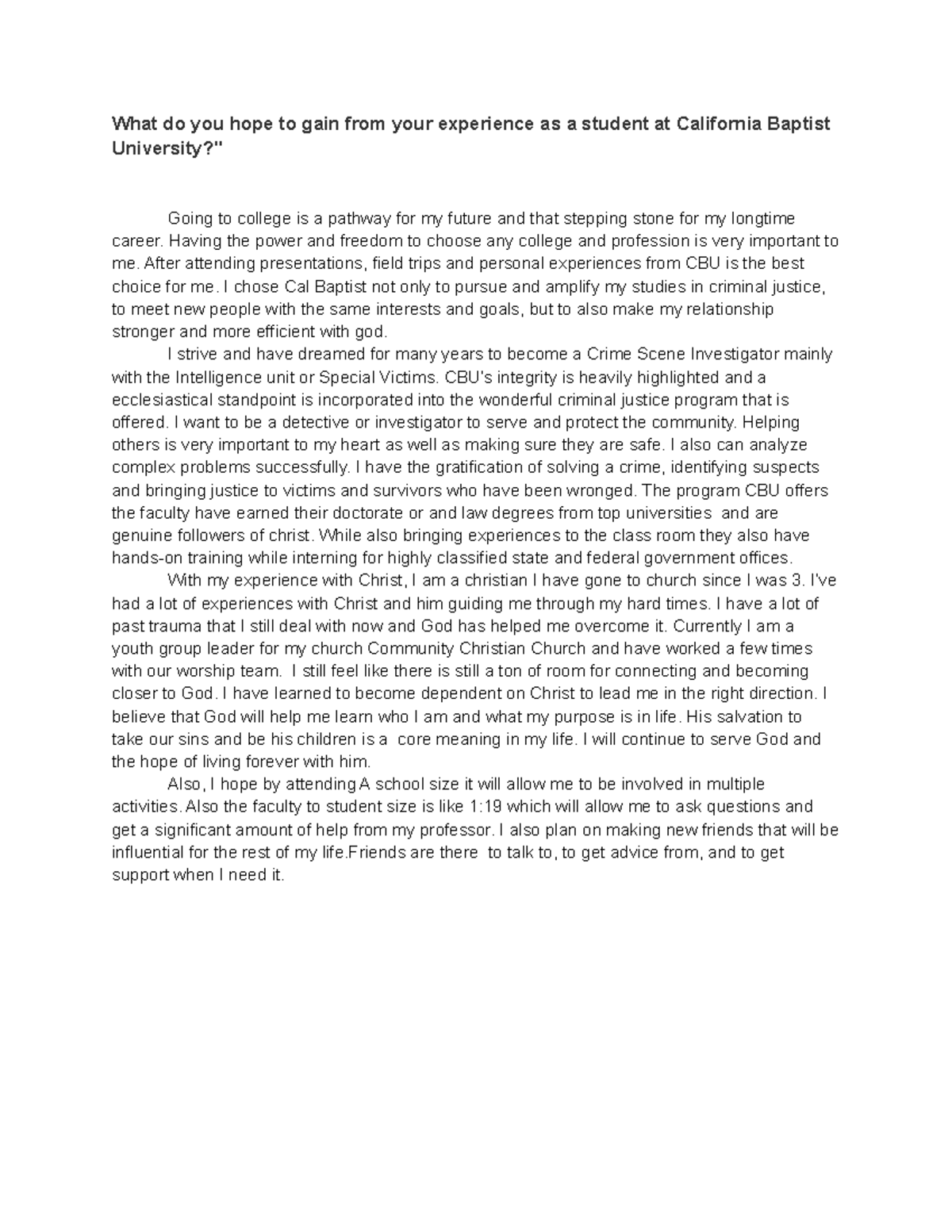 CBU Application Essay: Pursuing My Future in Criminal Justice - Studocu
