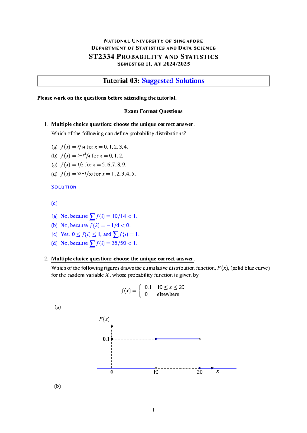 ST2334 Probability & Statistics: Tutorial 03 Suggested Solutions - Studocu