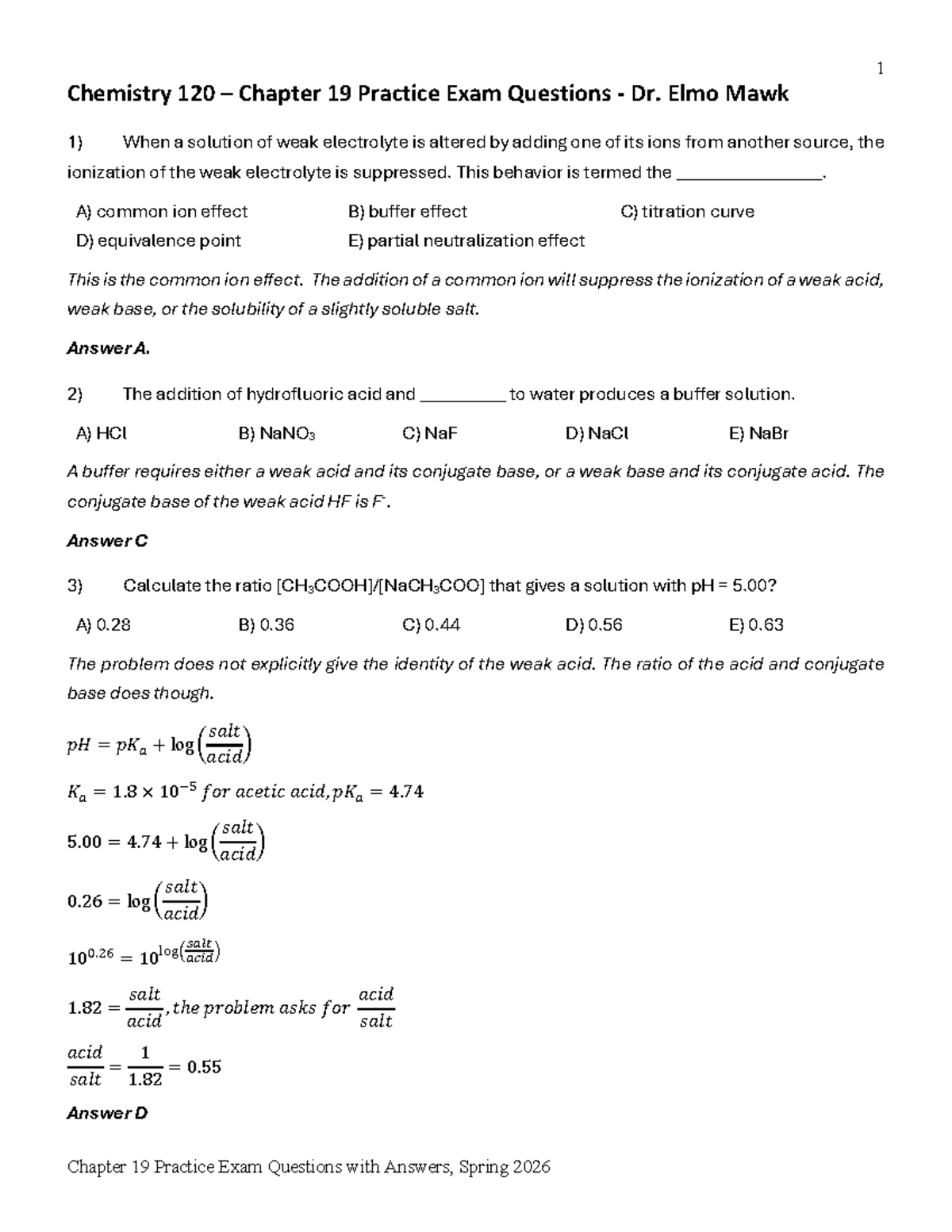 Chemistry 120 Chapter 19 Practice Exam Questions & Solutions - Studocu