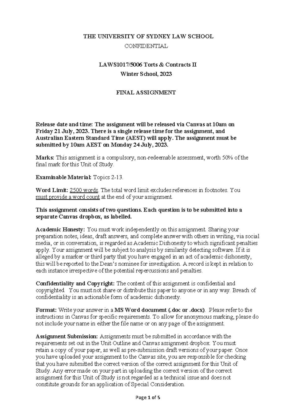 2023 S2 Law School Torts & Contracts II Final Assignment Guide - Studocu