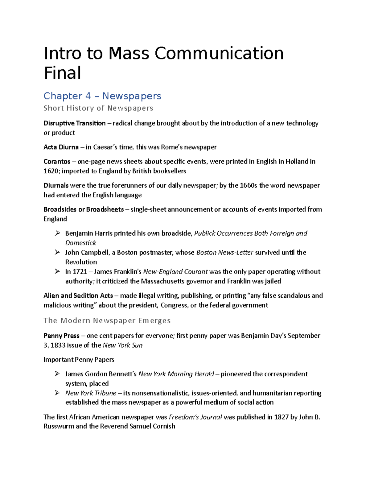 Final Notes - Intro to Mass Communication Final Chapter 4 – Newspapers  Short History of Newspapers - Studocu