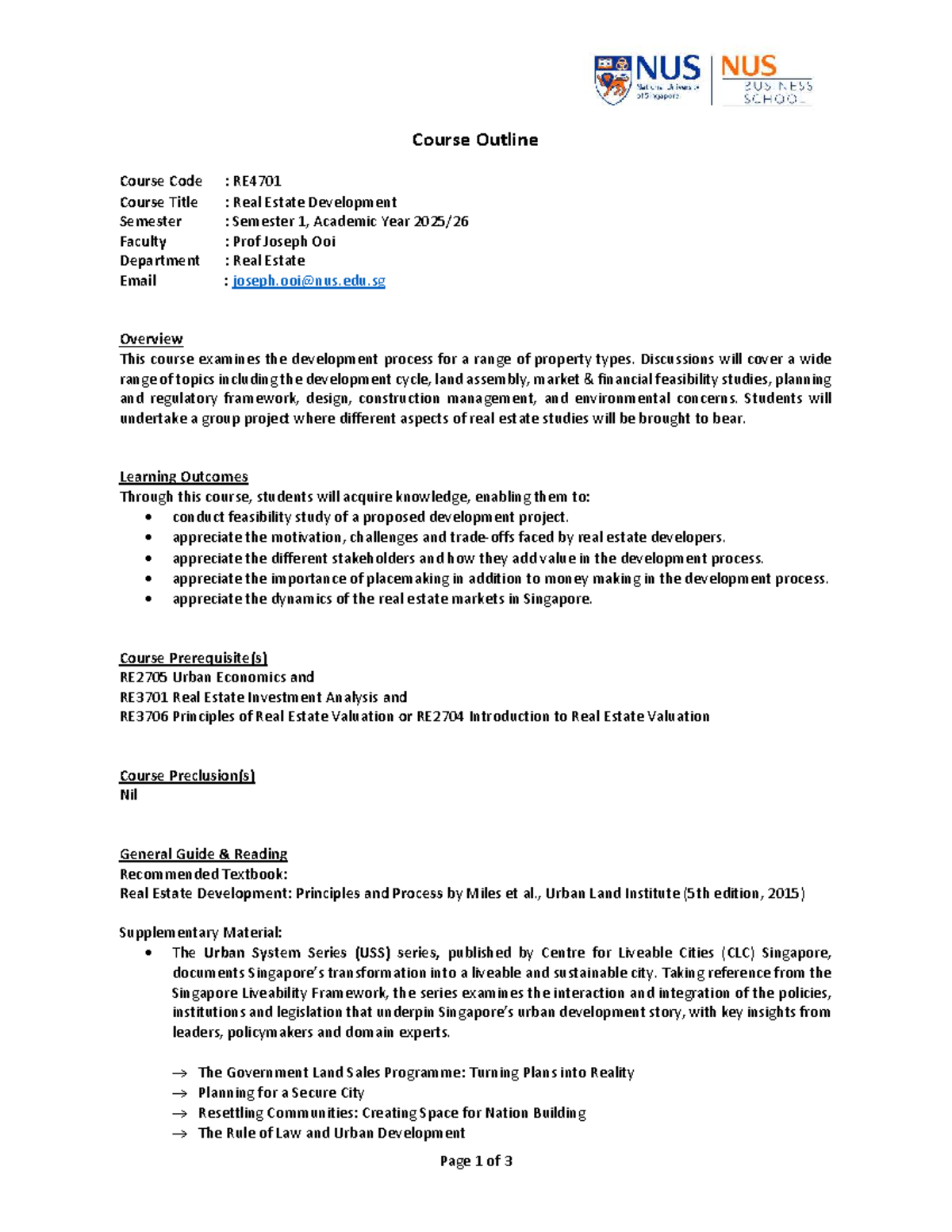 RE4701 Real Estate Development Course Outline - Semester 1 - Studocu