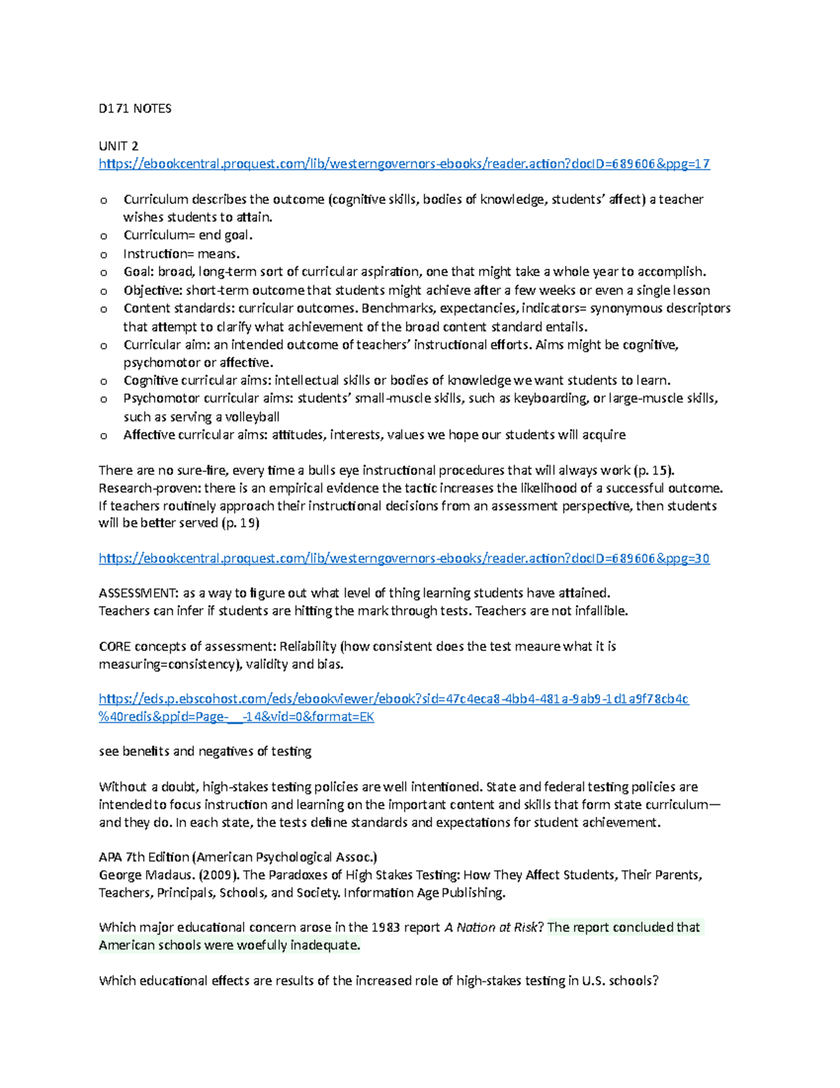 D171 Unit 2 & 3 Notes: Understanding Curriculum & Assessment Strategies ...
