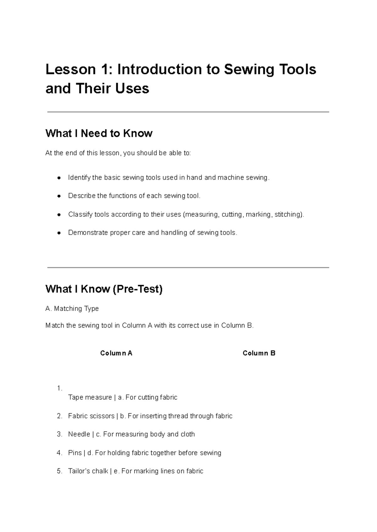 S1 Lecture Notes: Intro to Sewing Tools & Their Uses - Studocu
