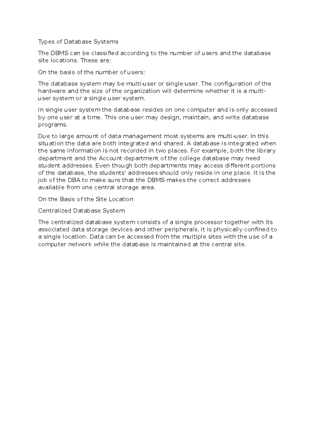 Types of Database Systems: User and Location Classifications - Studocu