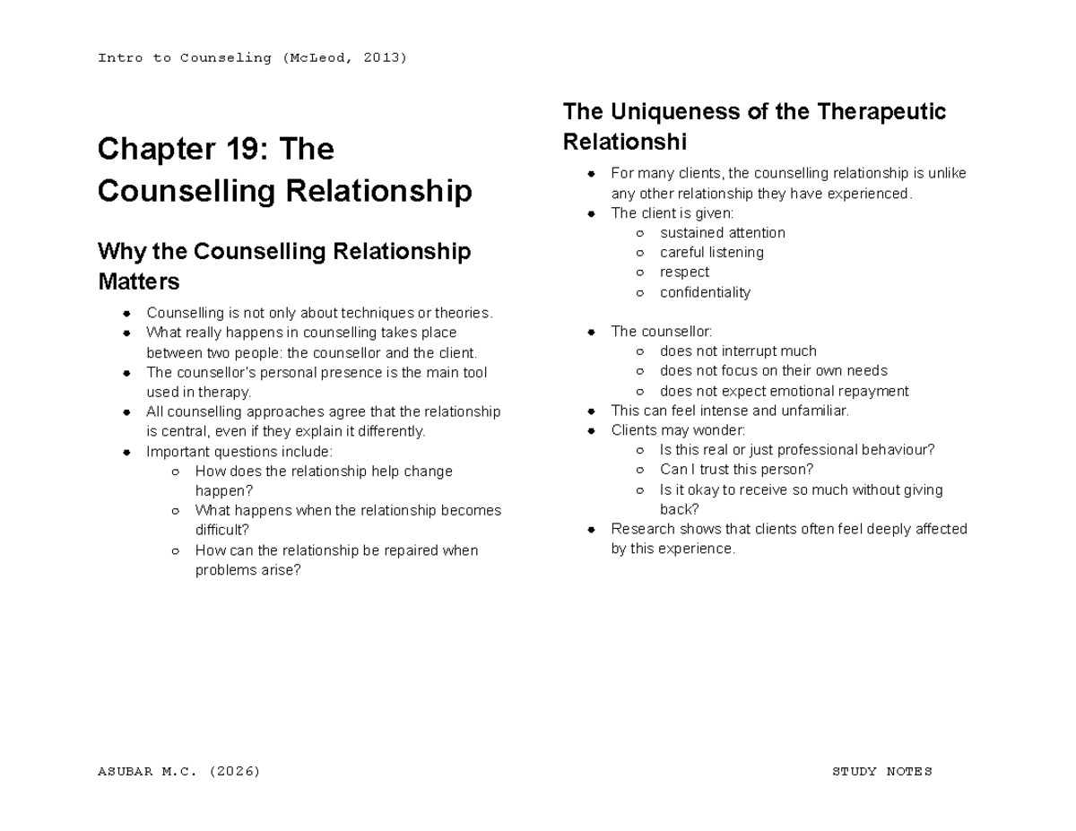 Intro to Counseling (McLeod, 2013) Chapter 19: The Therapeutic ...