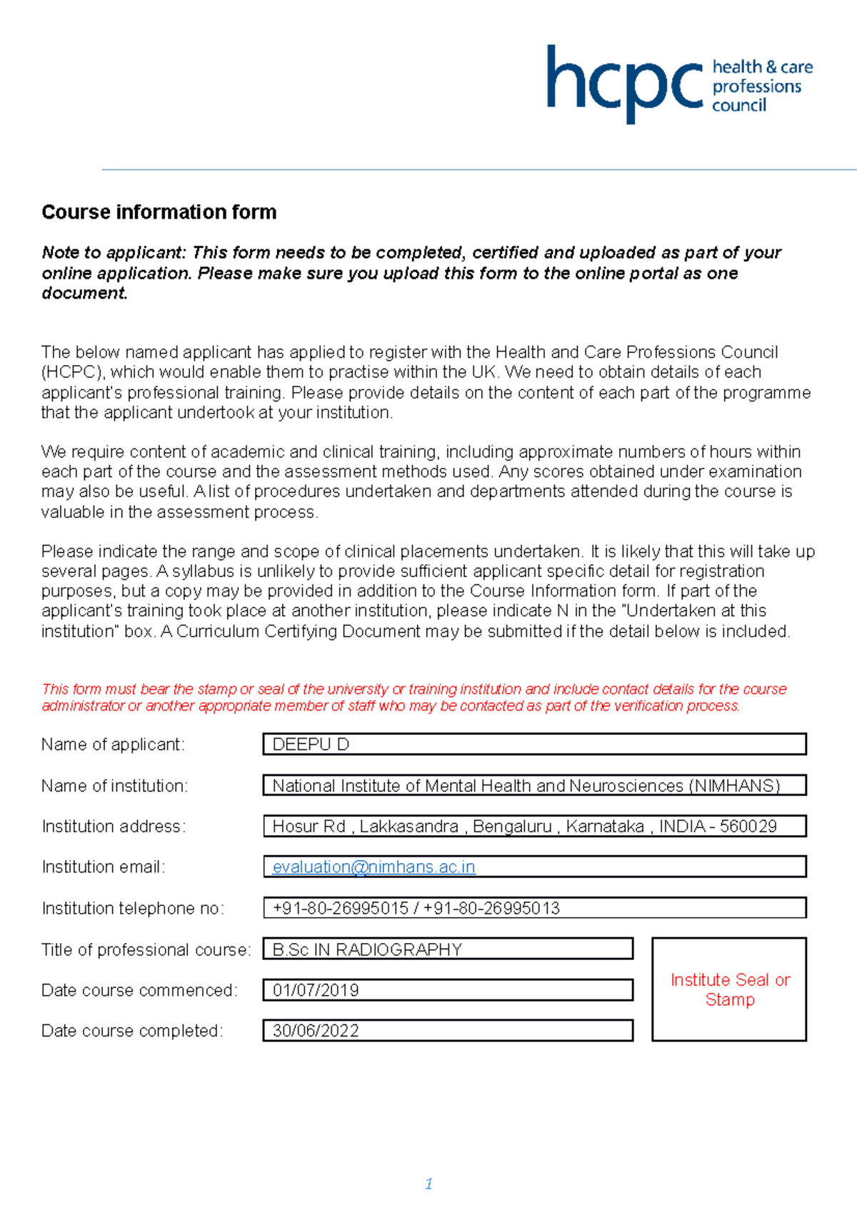 B.Sc Radiography Course Information Form for HCPC Registration - Studocu