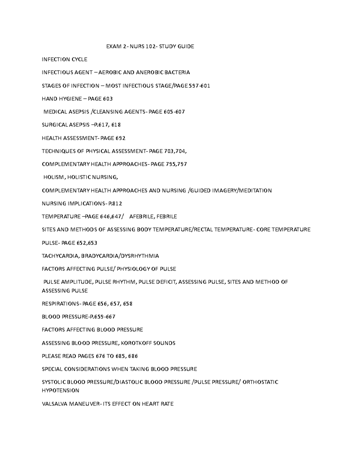 NURS 102 - Exam 2 Study Guide: Key Concepts and Health Assessments ...