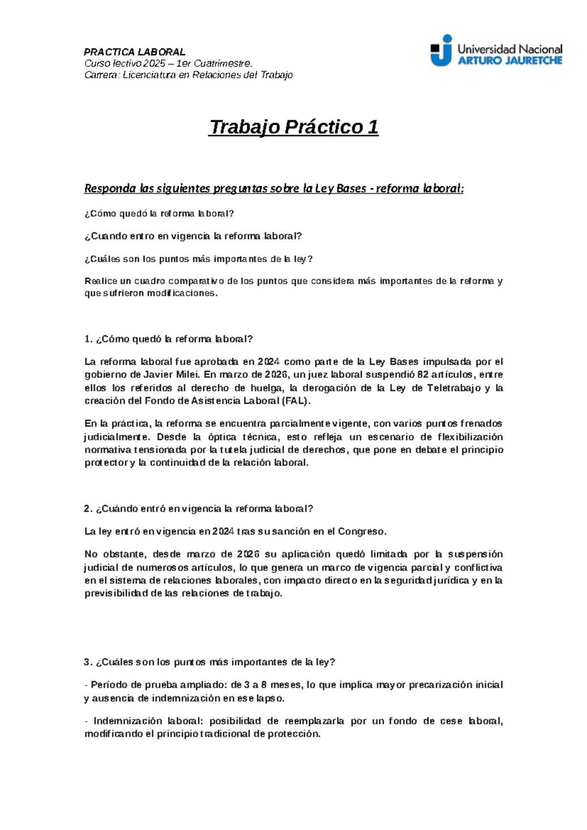 TP N1 - PL 2026 - Análisis de la Reforma Laboral en Argentina - Studocu
