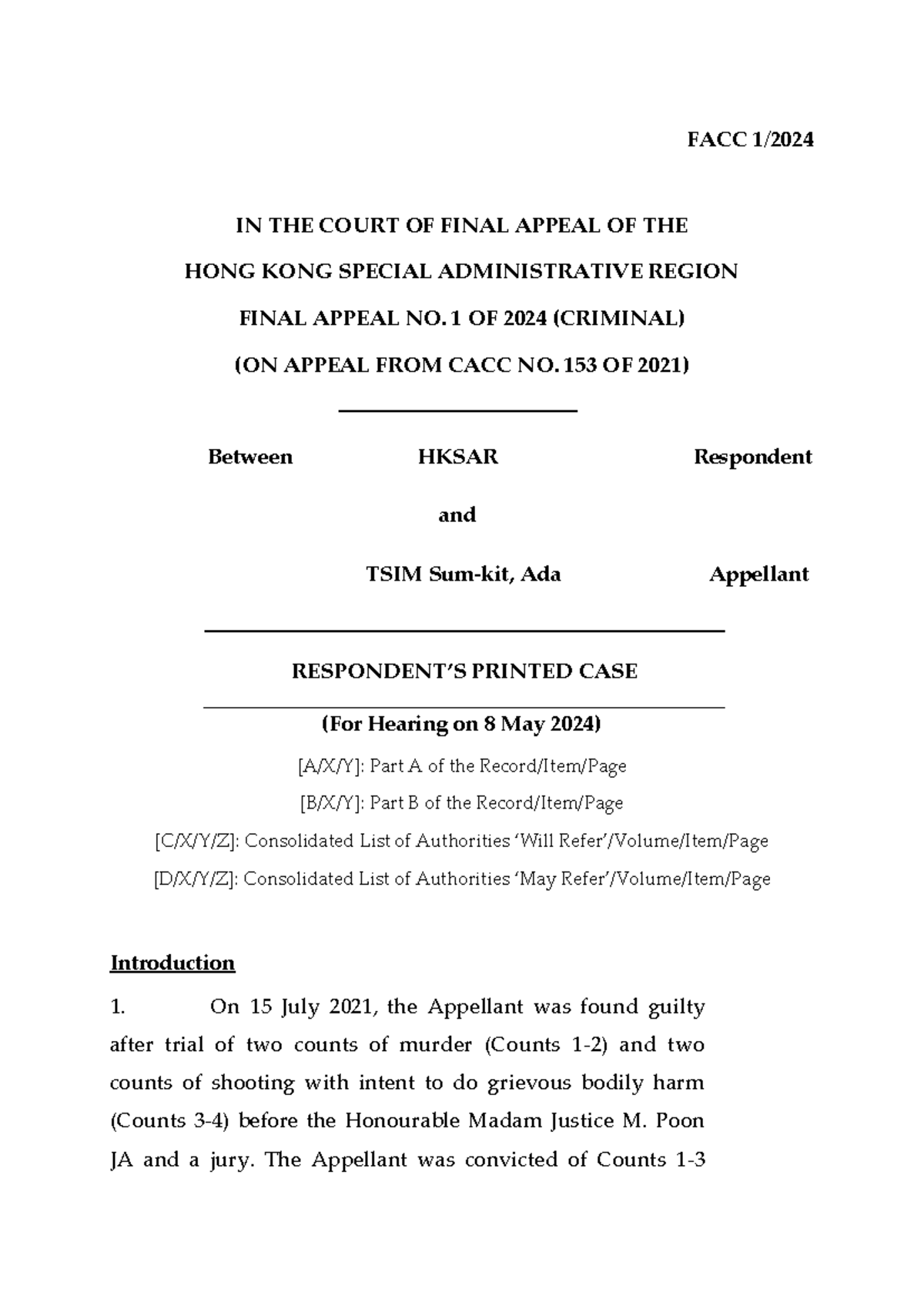 FACC Final Appeal No. 1 of 2024: HKSAR v. Tsim Ada - Legal Analysis ...