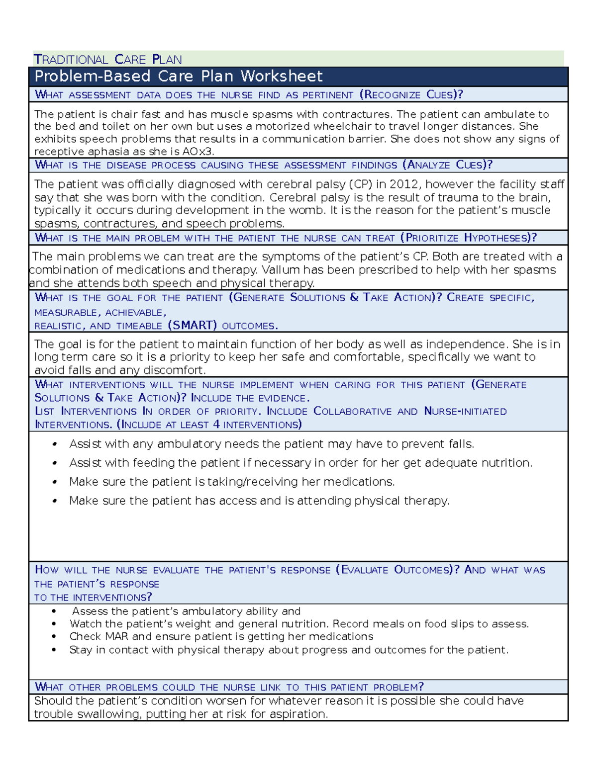 Problem Based Care Plan - TRADITIONAL CARE PLAN Problem-Based Care Plan ...