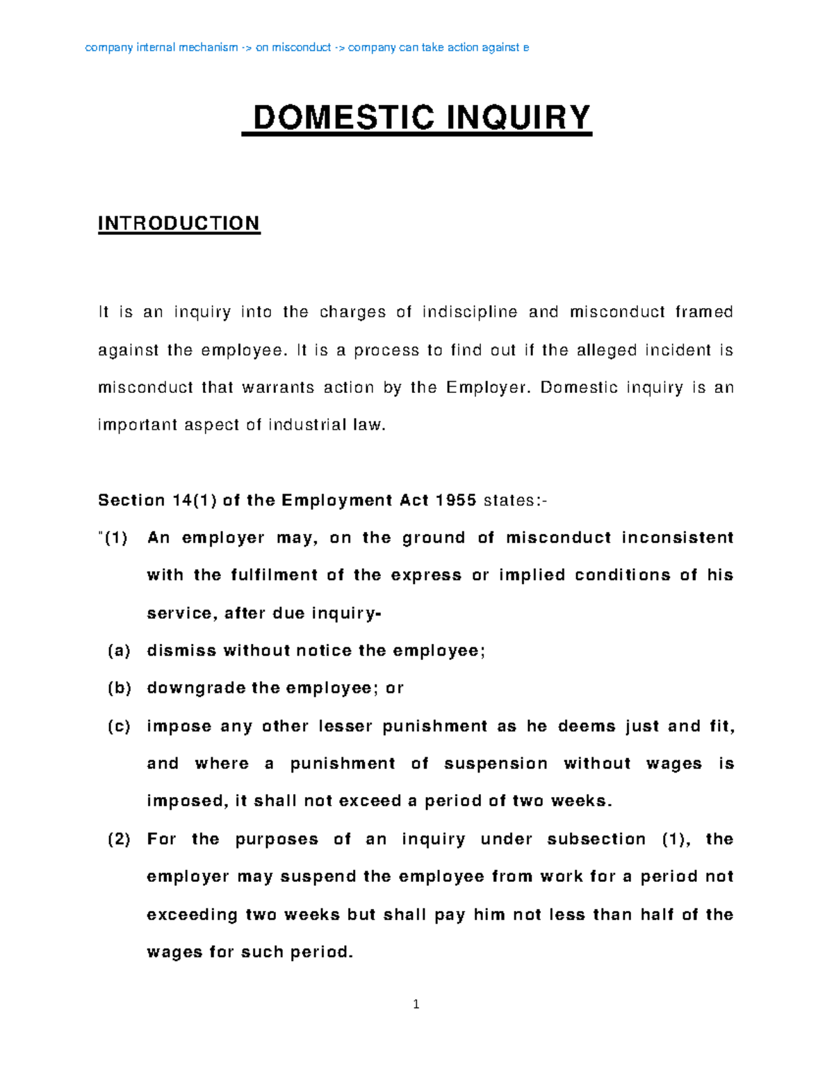 Notes on Domestic Inquiry: Understanding Misconduct Procedures - Studocu