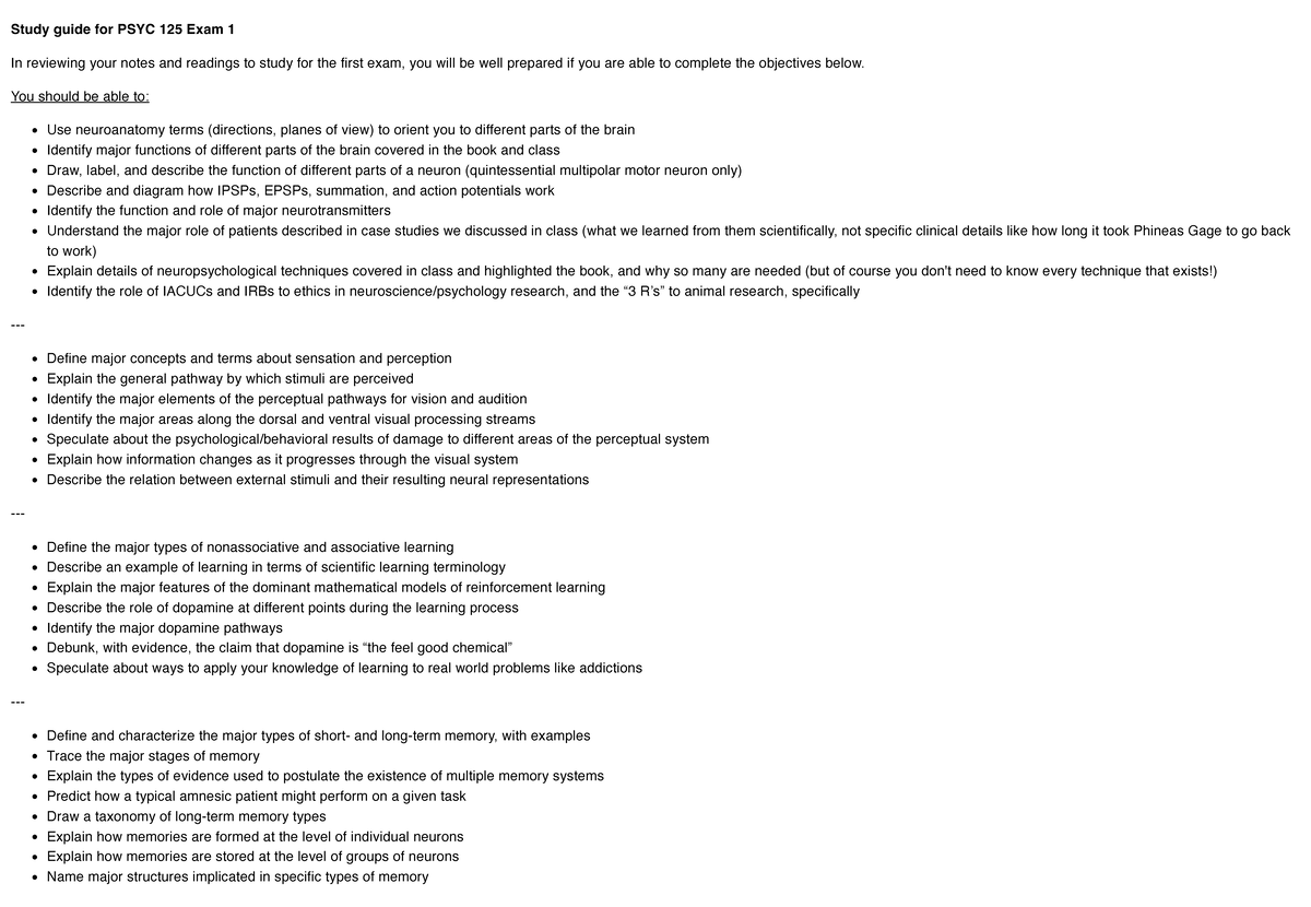 Study Guide for PSYC 125: Key Concepts for Exam 1 Preparation - Studocu