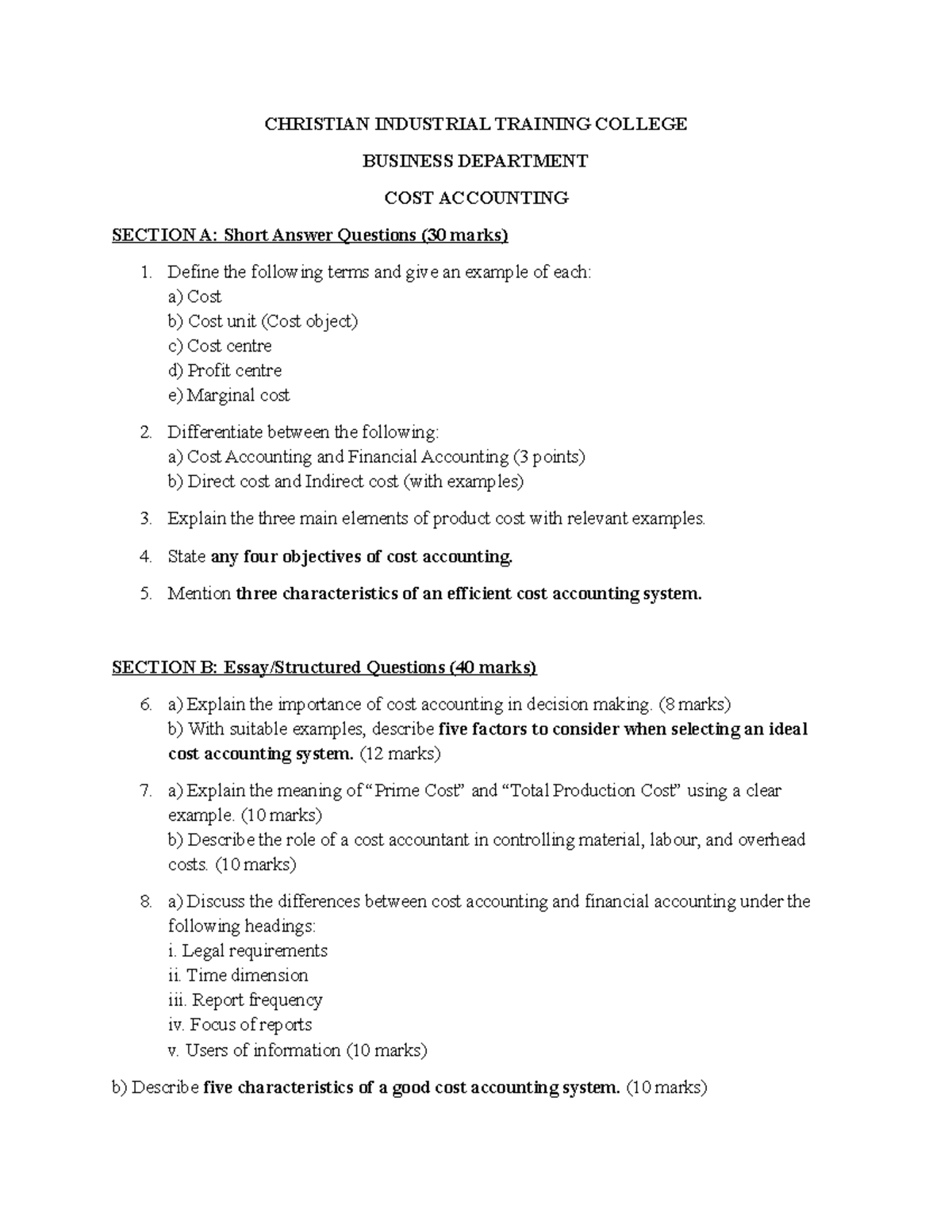 COST Accounting Refresher: Short Answer & Questions Guide - Studocu