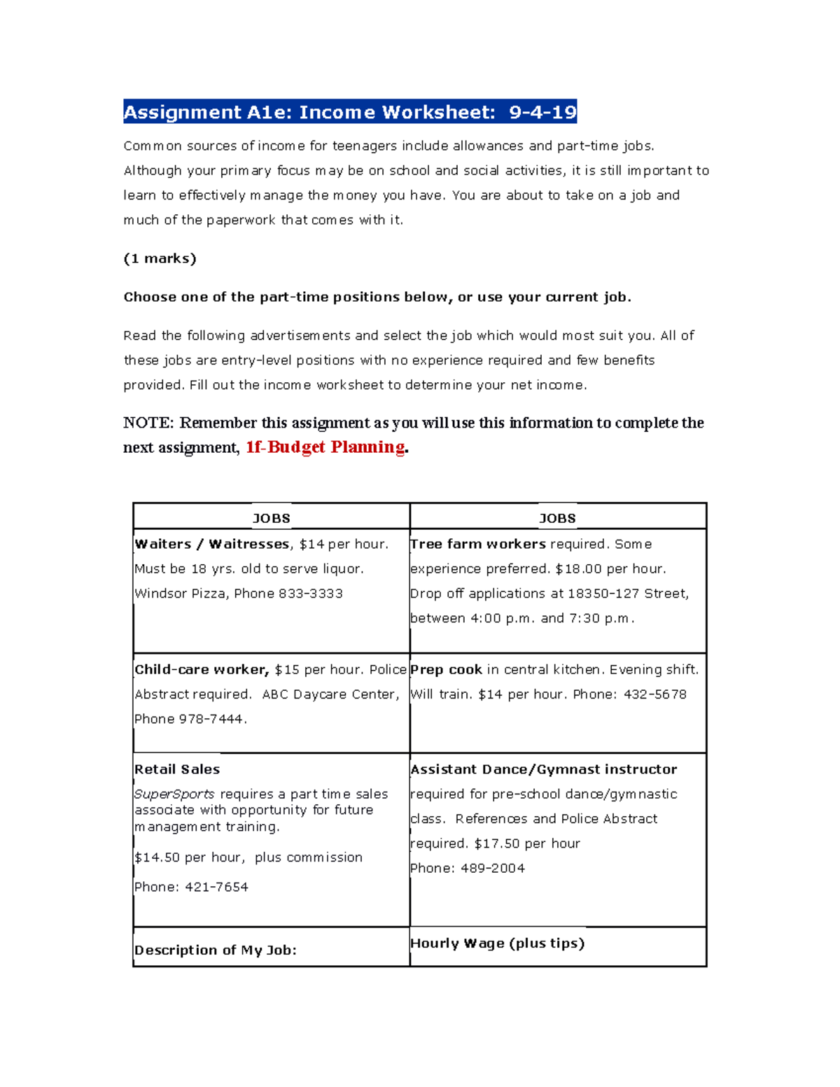 1e Income Worksheet Assignment: Understanding Teen Earnings - Studocu