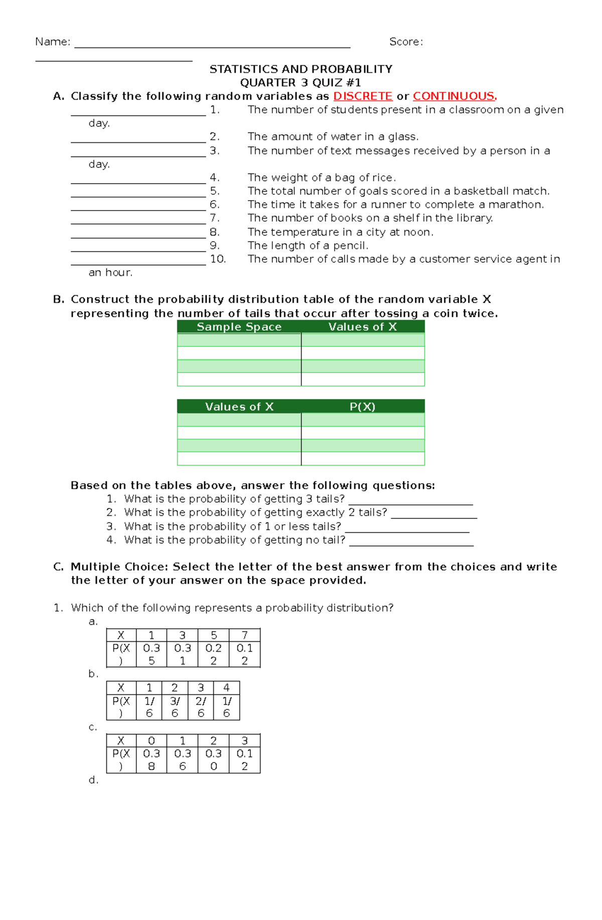 Stat q3quiz1 - Statistics and Probability Quiz - Name: - Studocu