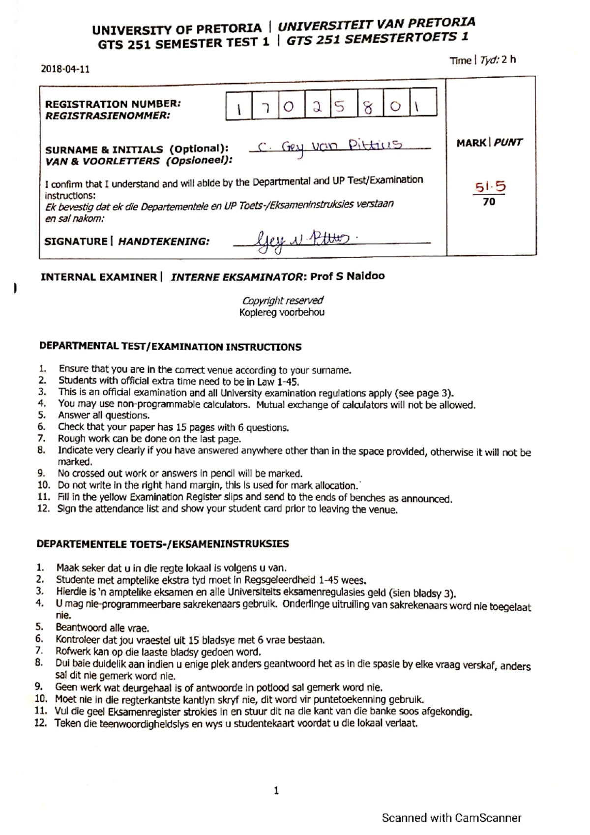 Example Exam - UNIVERSITY OF PRETORIA GTS 251 EXAMPLE EXAMINATION PAPER ...