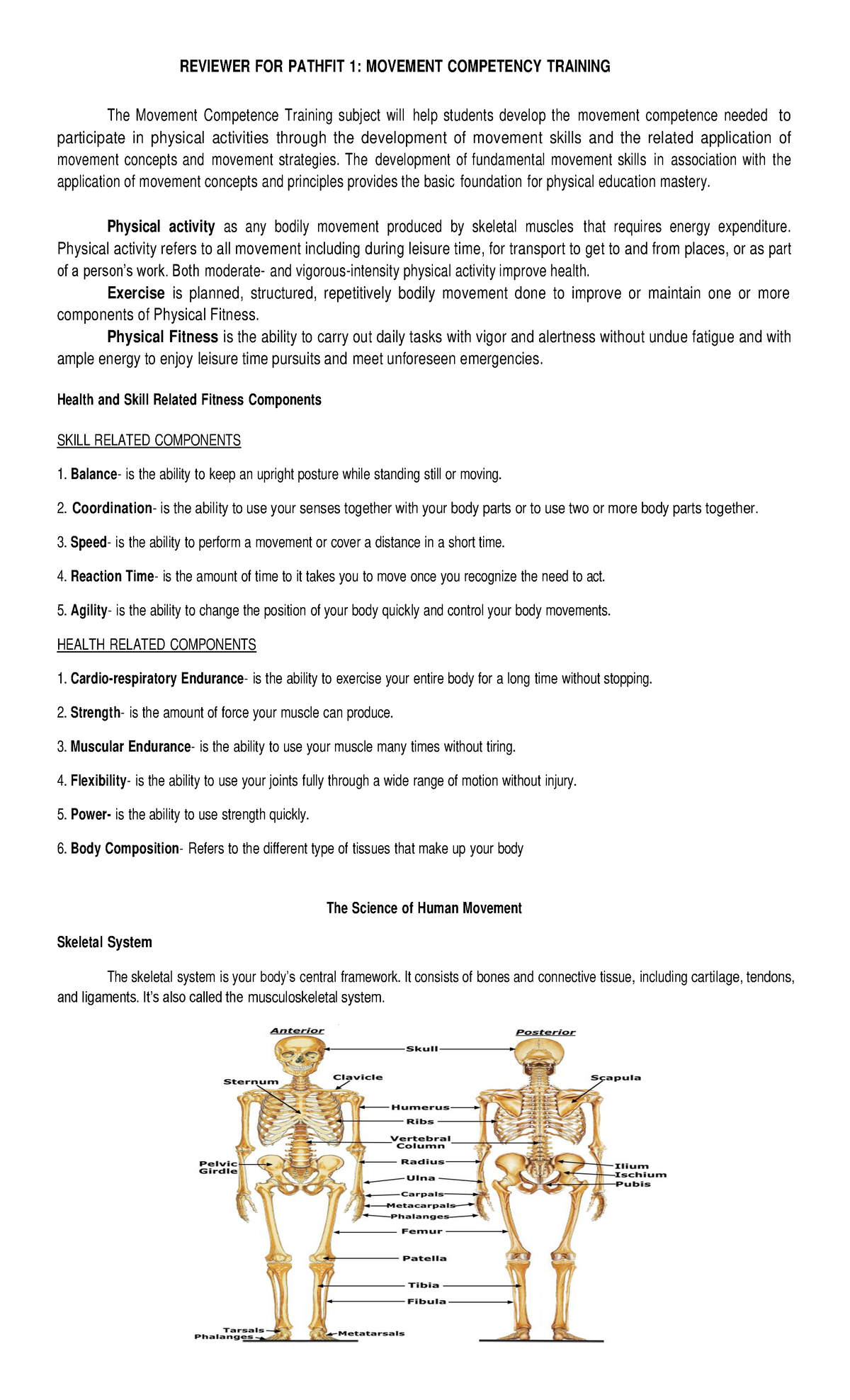 Movement Competency Training Reviewer - P.E. Course Notes - Studocu