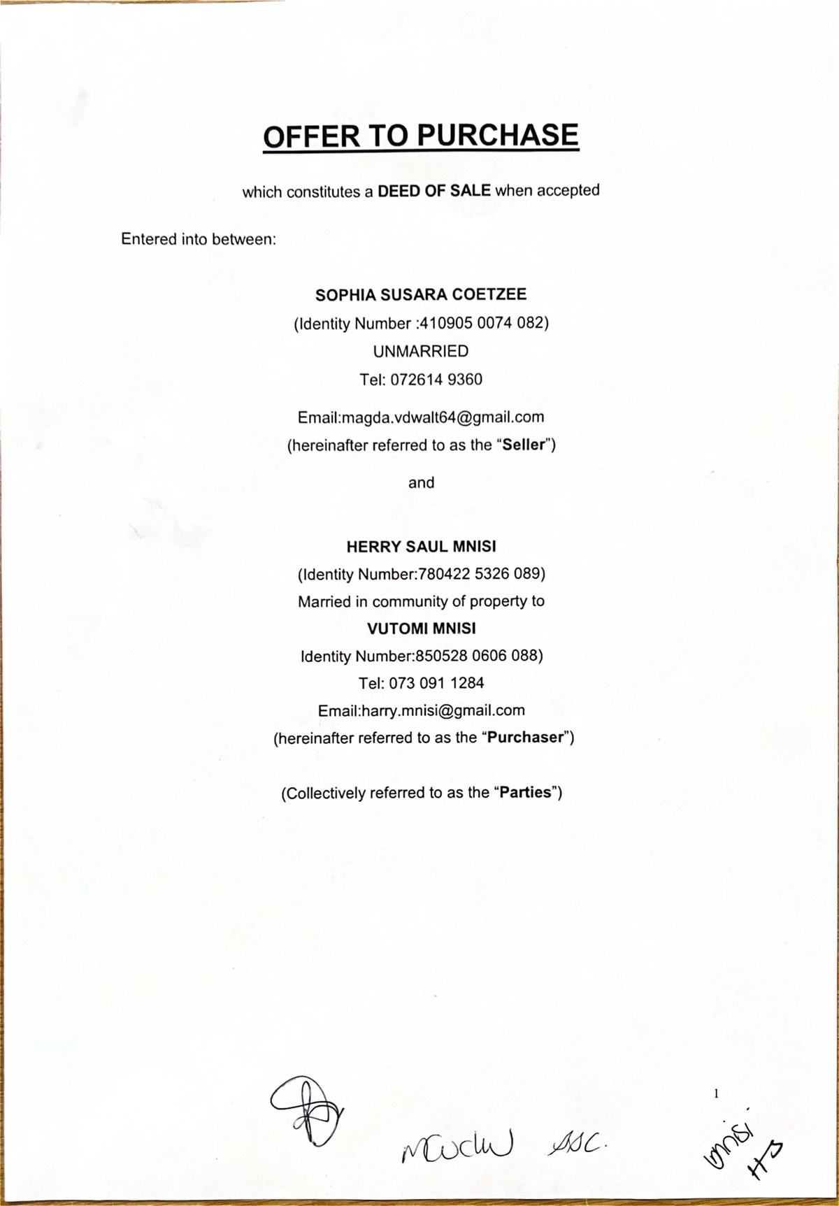 OFFER TO PURCHASE PROPERTY: DEED OF SALE AGREEMENT EXAMPLE - Studocu