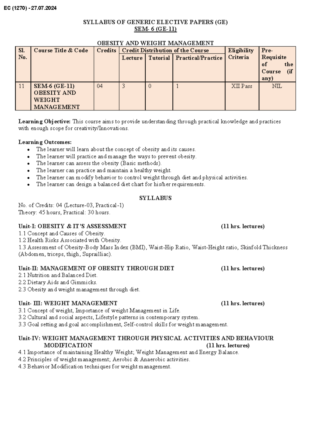 EC (1270) Syllabus: Obesity & Weight Management (GE) - Studocu