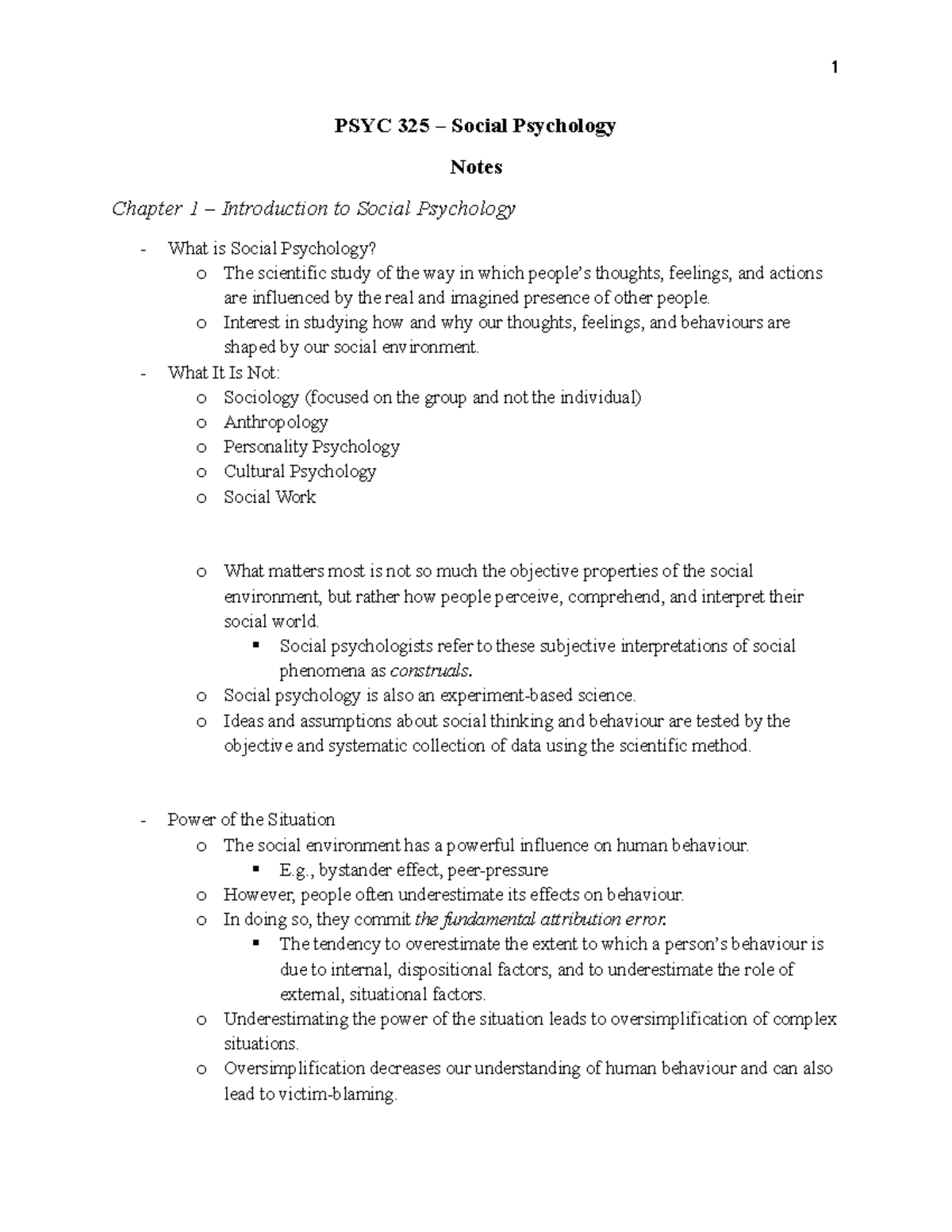 PSYC 325 Social Psychology Notes: Chapter 1 Overview and Key Concepts ...