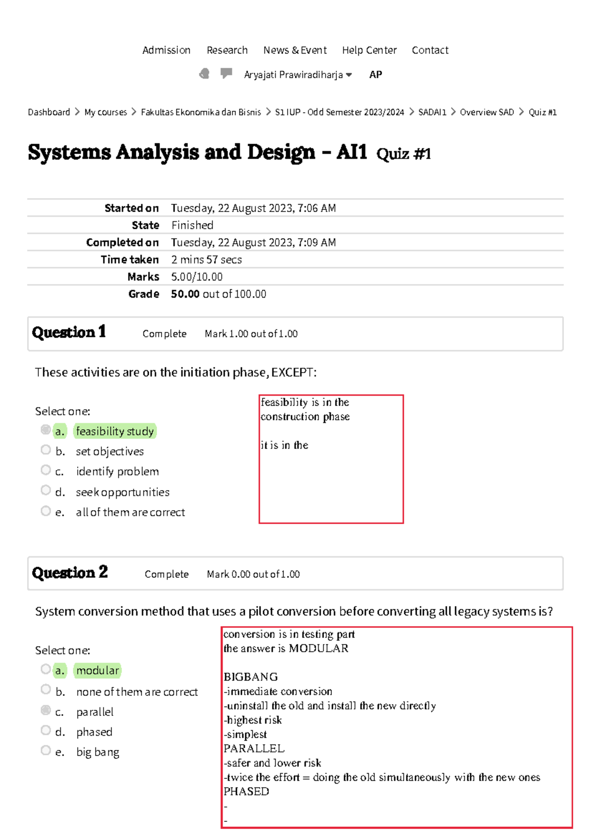 SADAI1 Systems Analysis and Design Weekly Quiz Compilation - Studocu