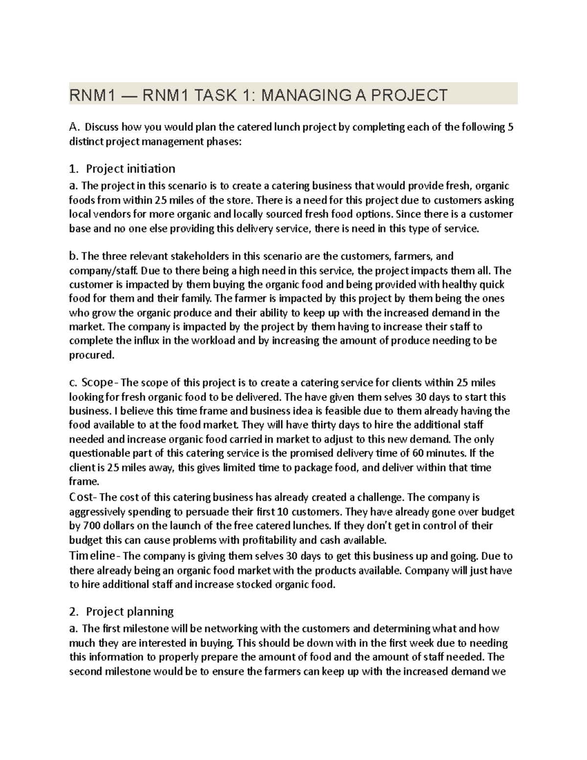 RNM1 Task 1: Comprehensive Guide to Managing a Catering Project - Studocu