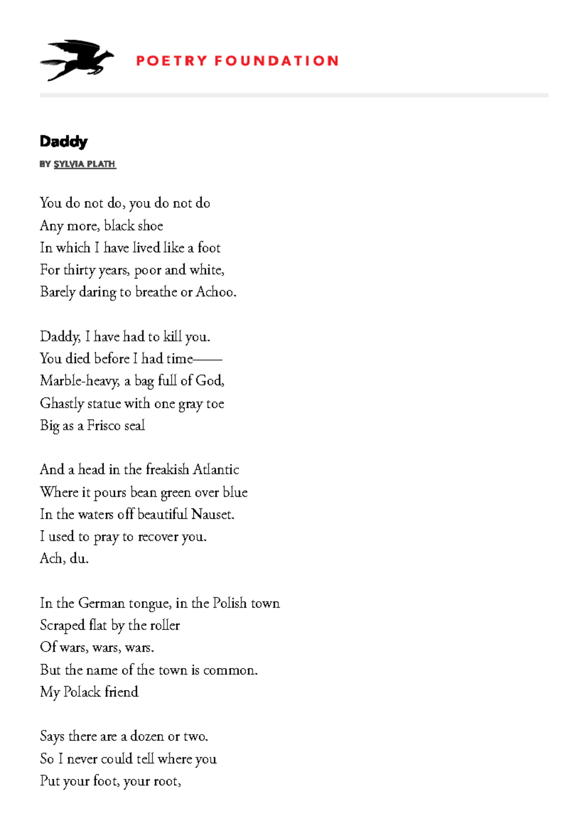 Daddy (Poem Analysis) - Sylvia Plath's Exploration of Fatherhood - Studocu