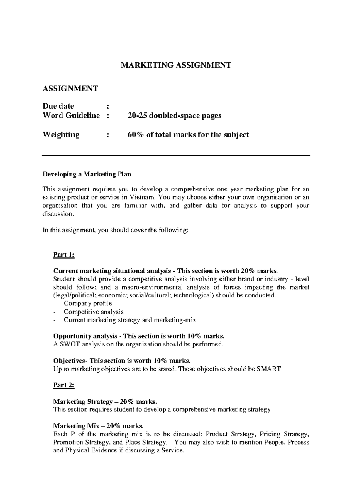 Marketing plan2021 - MARKETING ASSIGNMENT ASSIGNMENT Due date : Word ...