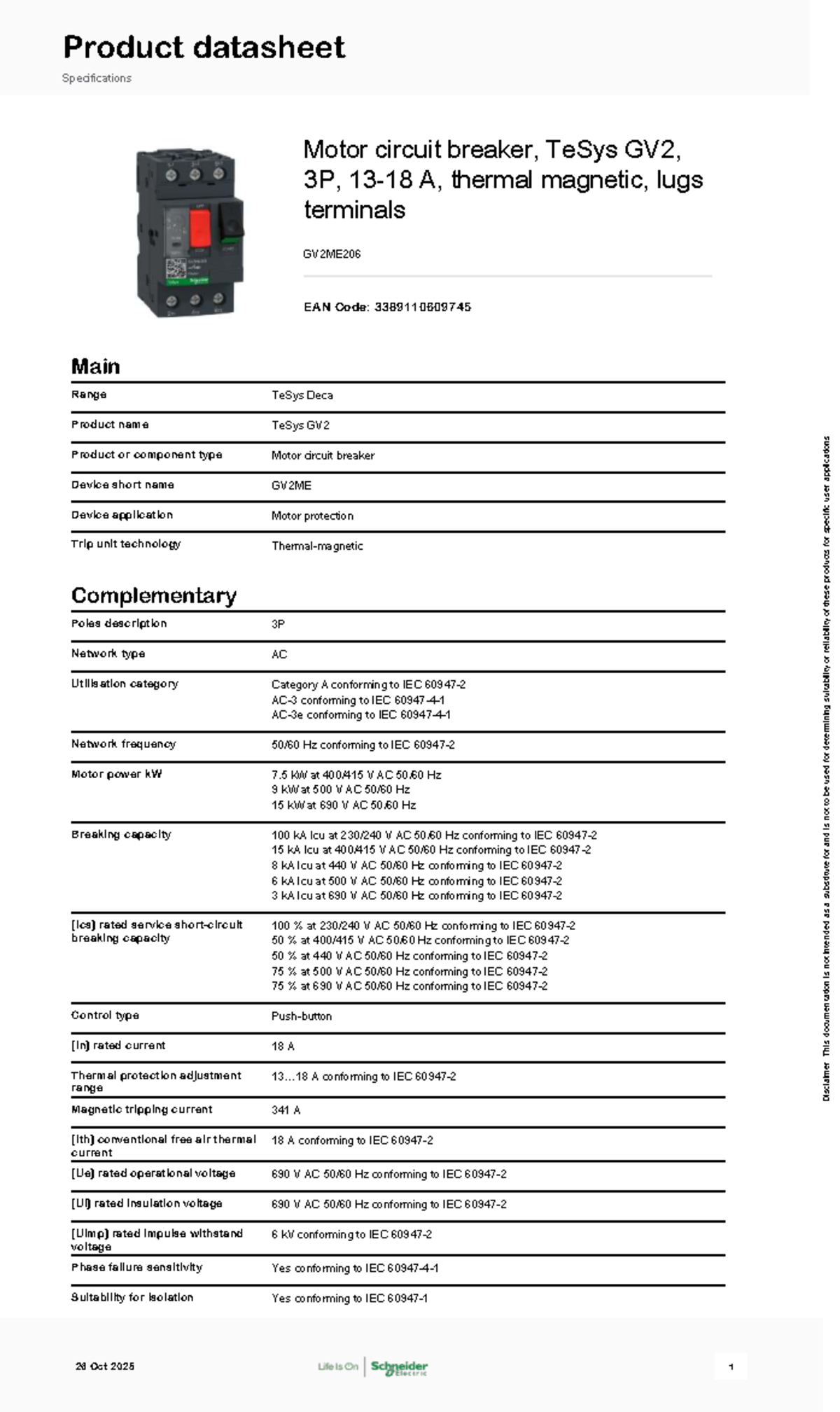TeSys GV2ME206 Motor Circuit Breaker Datasheet and Specifications - Studocu