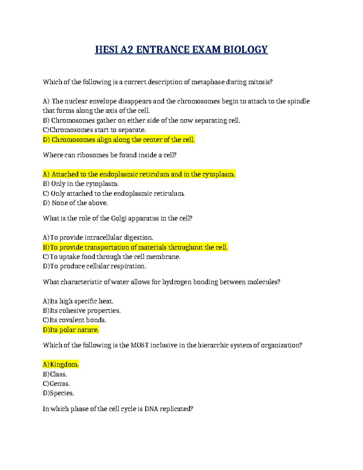 HESI A2 Entrance Exam Biology Study Guide and Practice Questions - Studocu