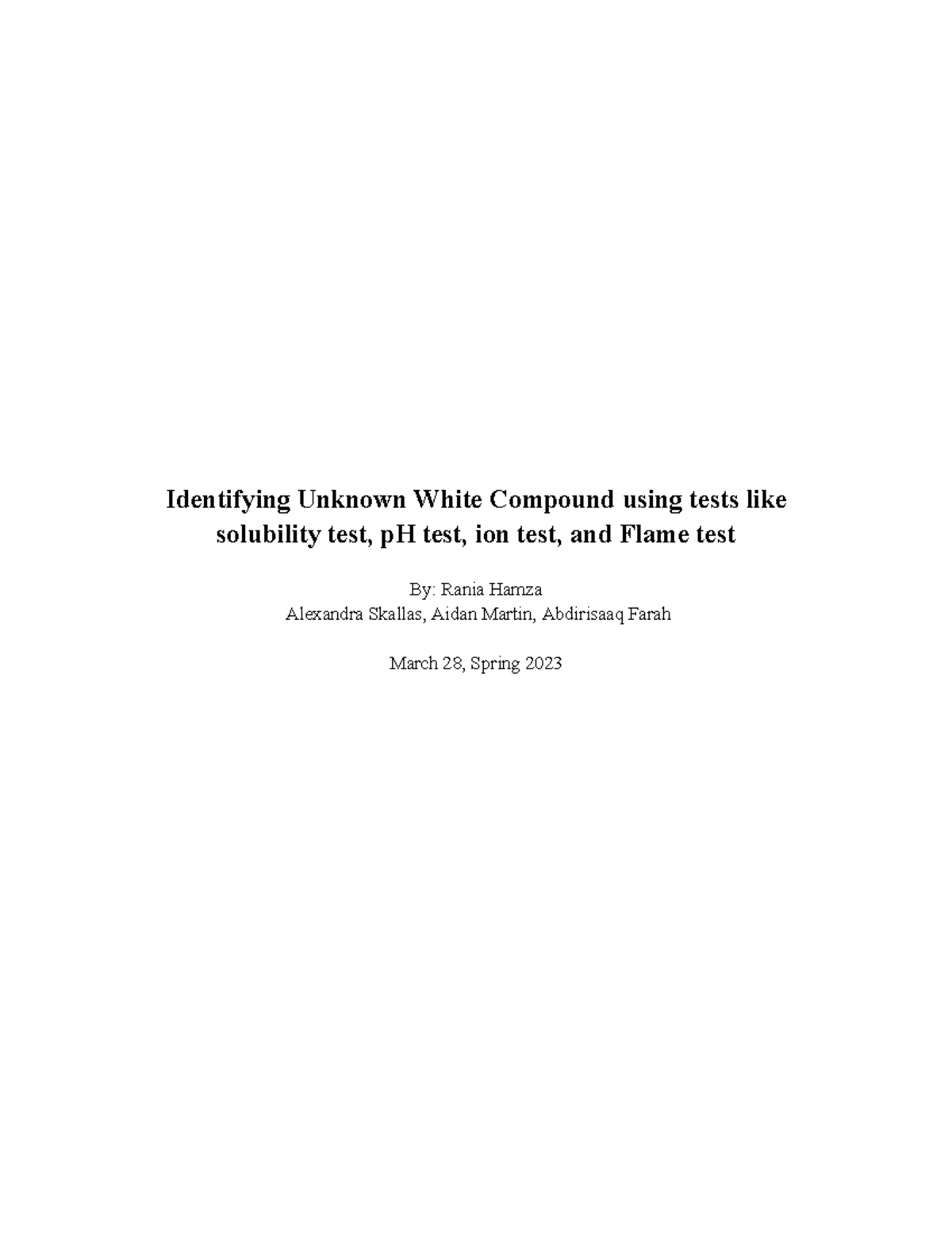 Identifying Unknown White Compound via Solubility & Flame Tests (CHEM ...