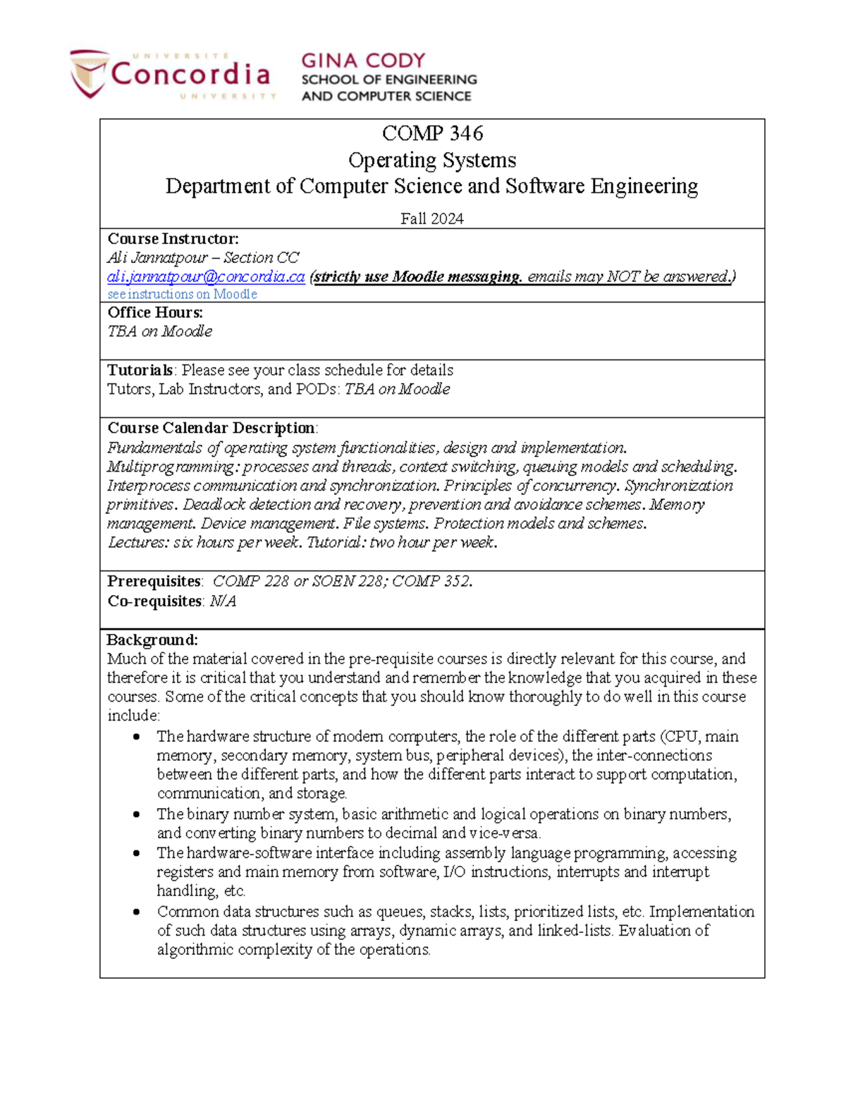 COMP 346 Course Outline: Operating Systems Fundamentals - Fall 2024 ...