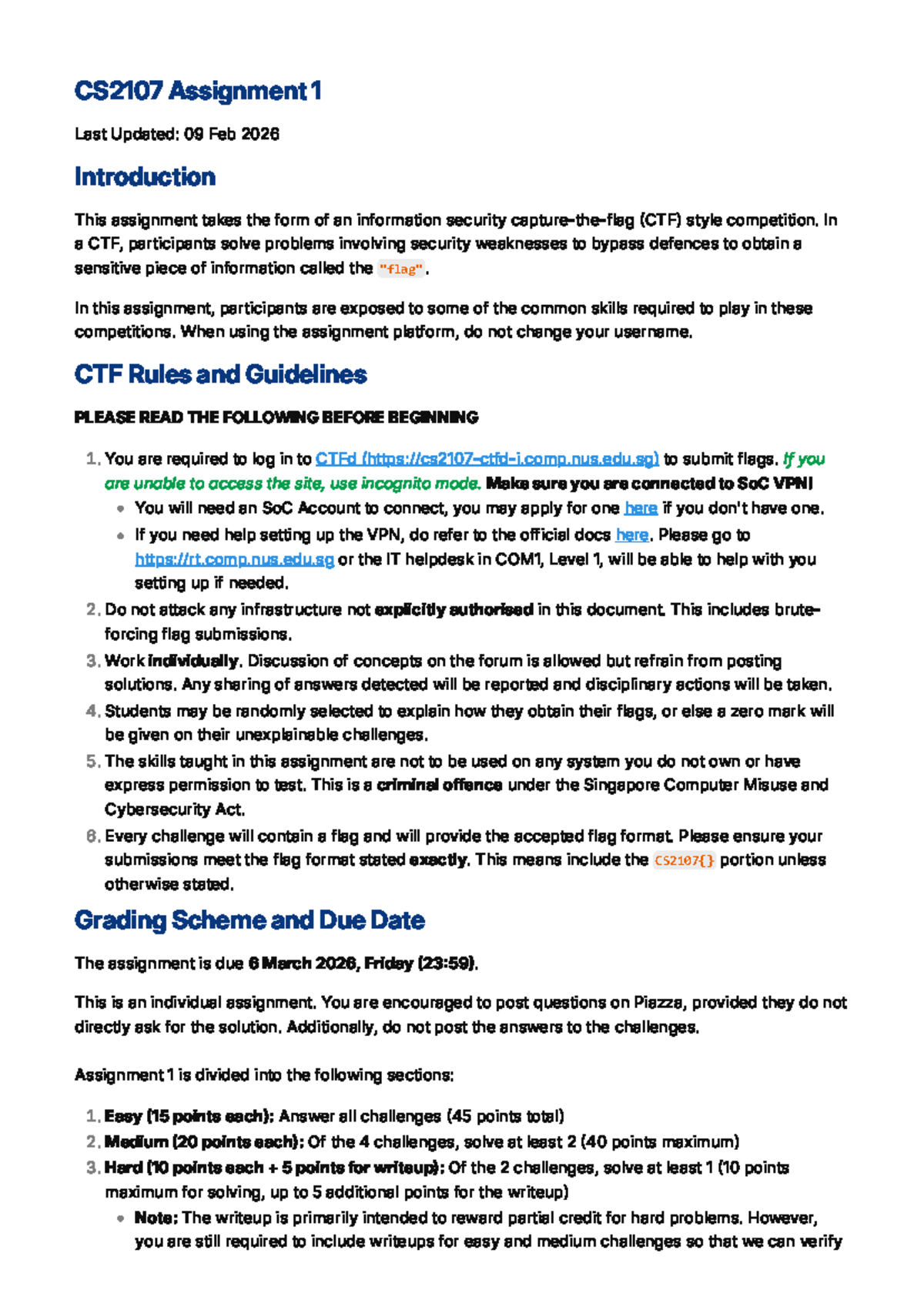 CS2107 Assignment 1: CTF Competition Guidelines and Grading - Studocu