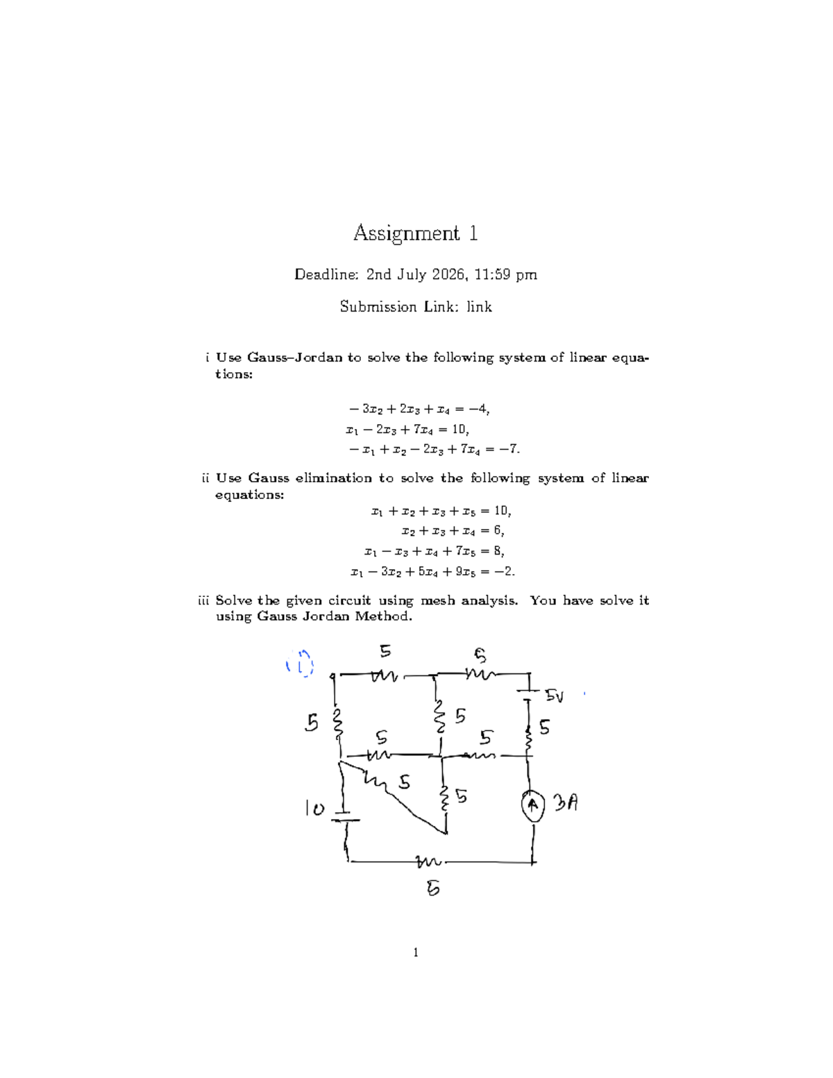 MAT 216 - Assignment 1: Solving Linear Equations & Circuit Analysis ...