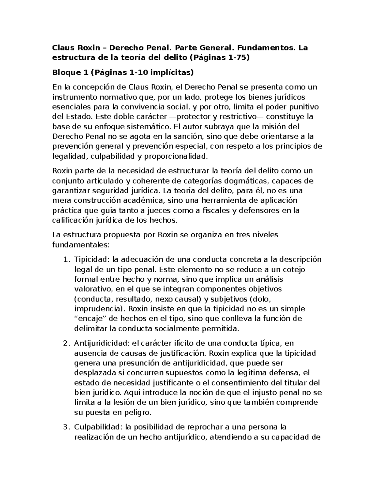 Claus Roxin: Resumen de la Teoría del Delito (Derecho Penal) - Studocu