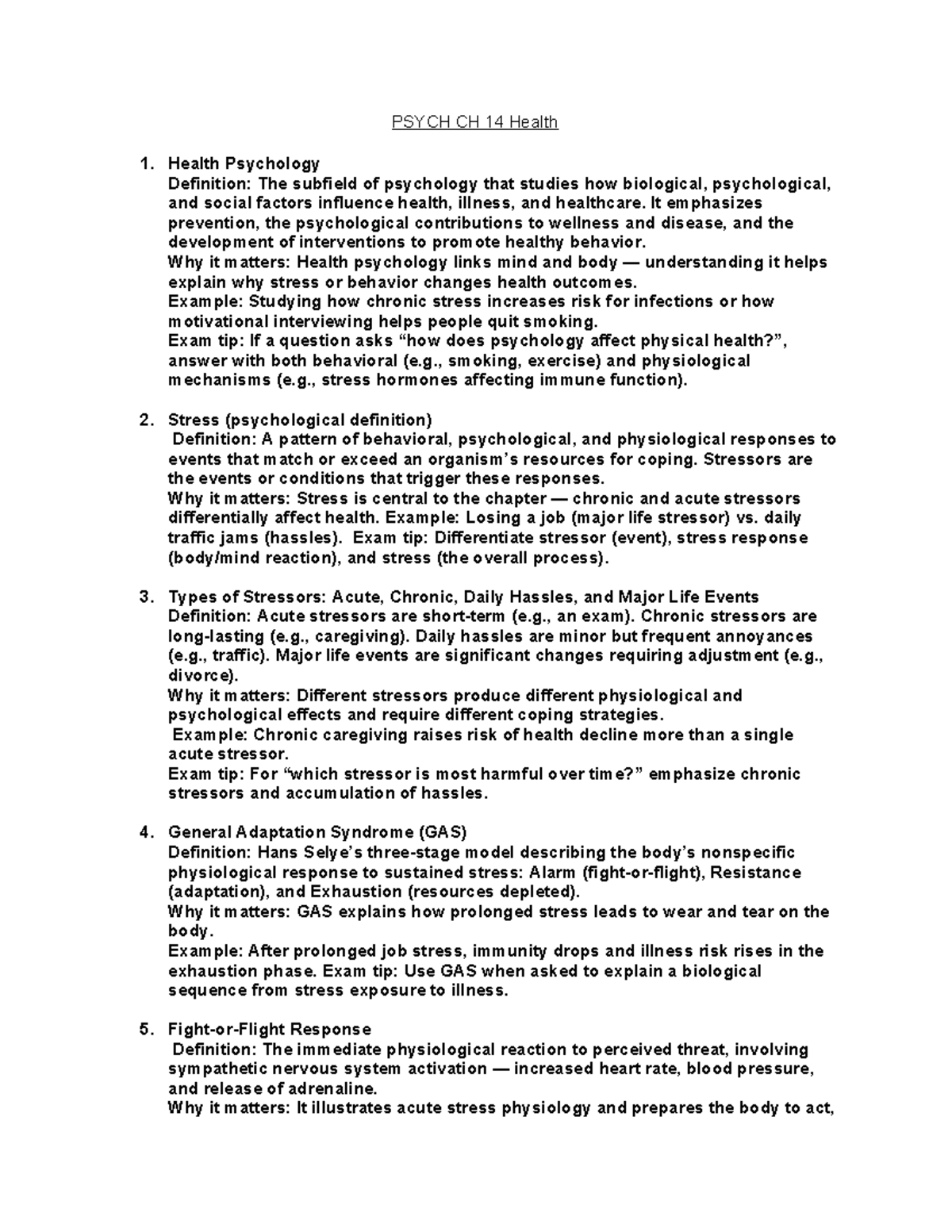 PSYCH CH 14 Health - Comprehensive Study Notes on Stress and Well-being ...
