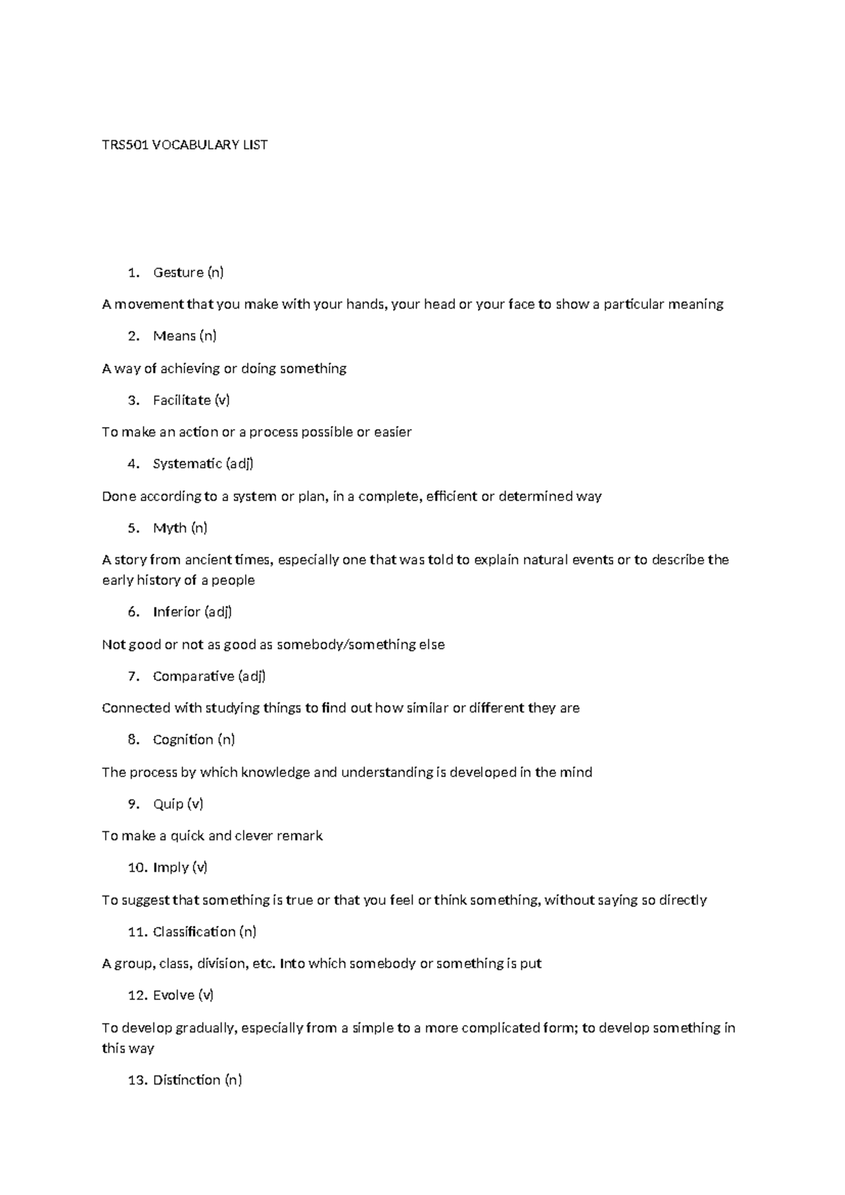 TRS501 Vocabulary List 1: Key Terms and Definitions for Study - Studocu