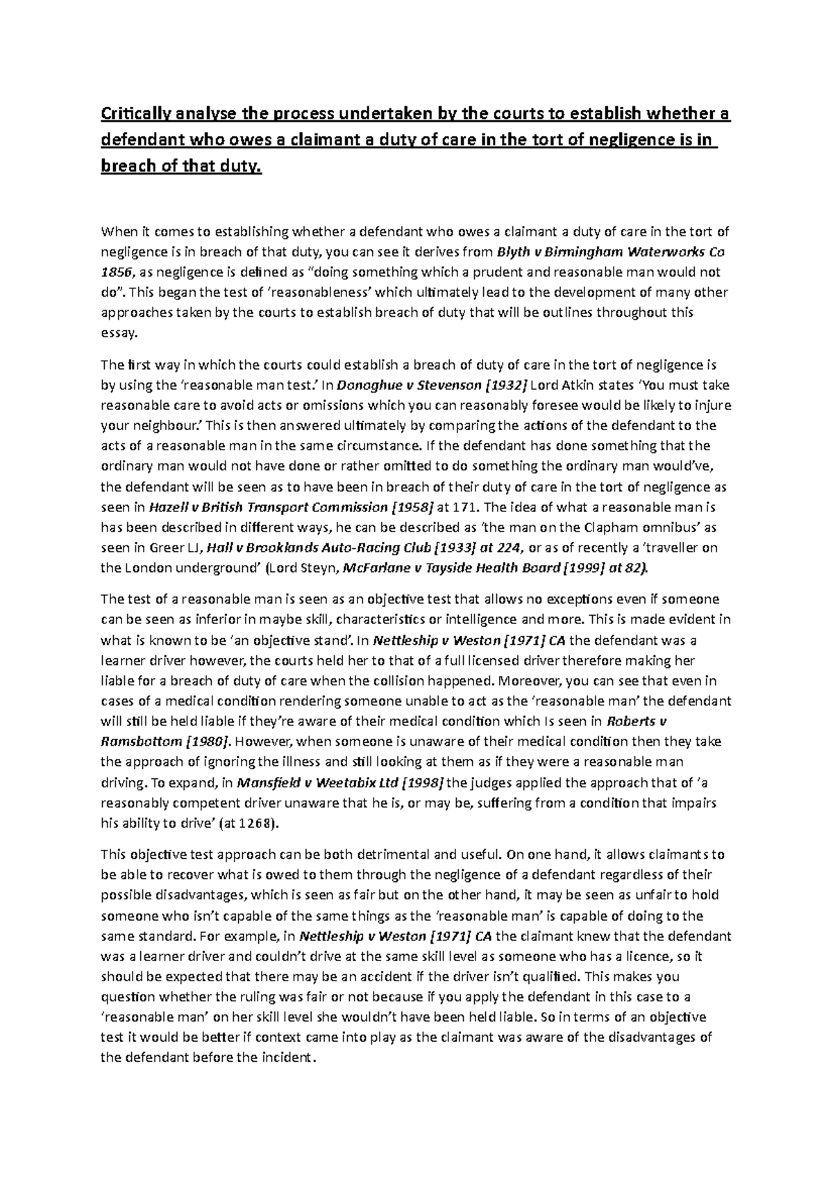 Tort Law Exam Analysis: Duty of Care in Negligence (2nd Year) - Studocu