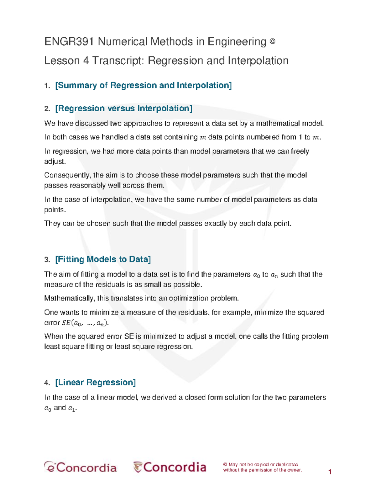 ENGR391 Numerical Methods in Engineering Lesson 4: Regression ...