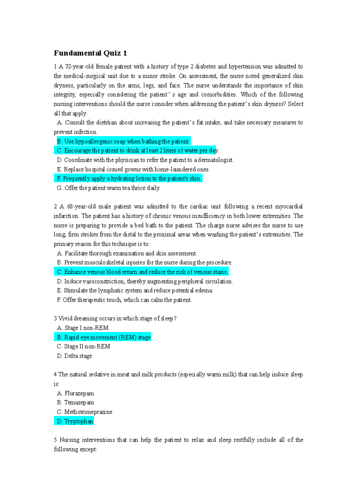 Fundamental Quiz 1: Nursing Interventions and Patient Care - Studocu