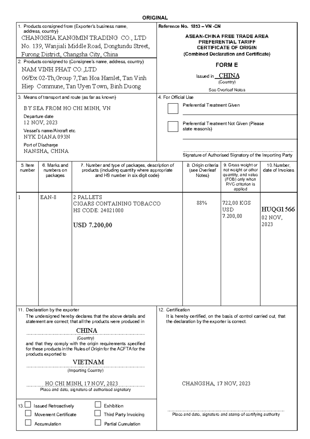 Certificate of Origin Form E - ASEAN-China Trade (CO FORM E) - Studocu
