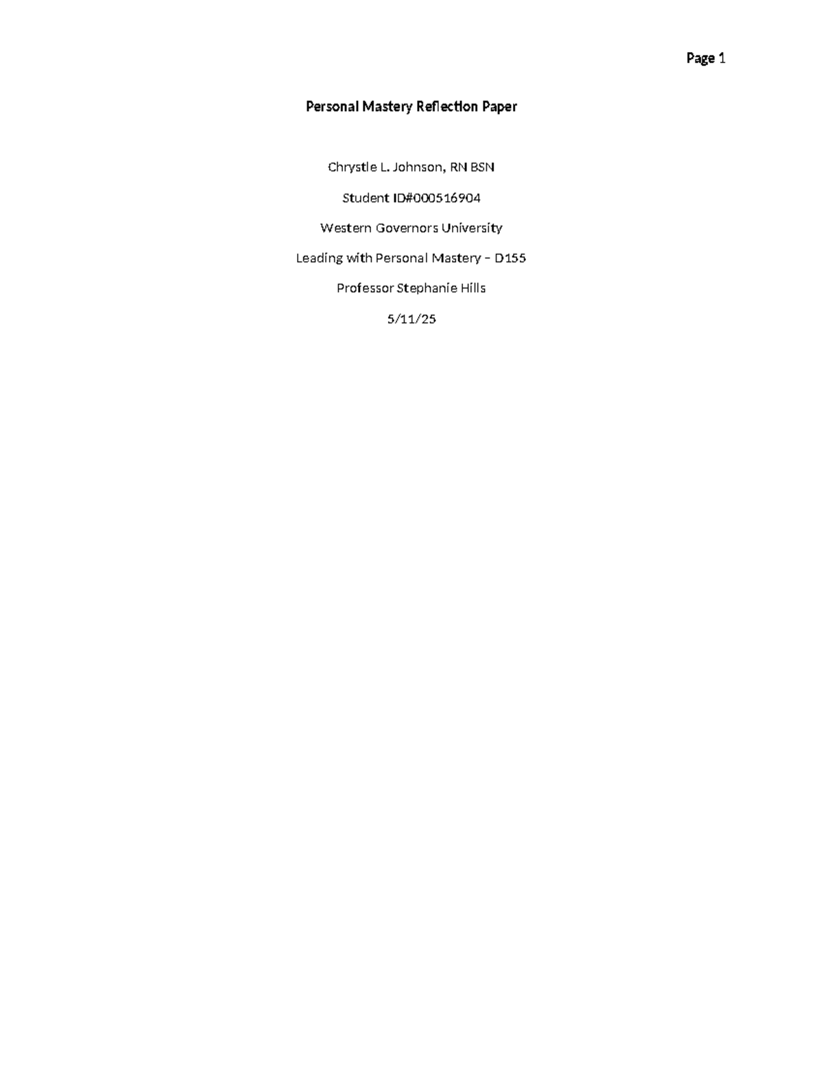 D155 Personal Mastery Reflection Paper: Insights on Leadership Skills ...