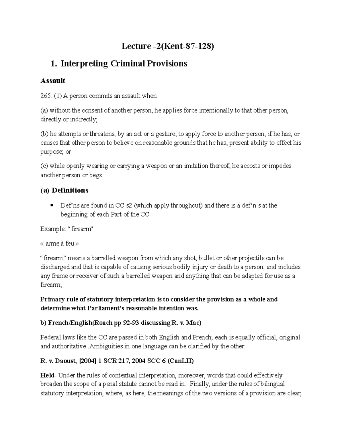 Criminal Law Overview: Key Concepts from Lecture Notes on Assault and ...