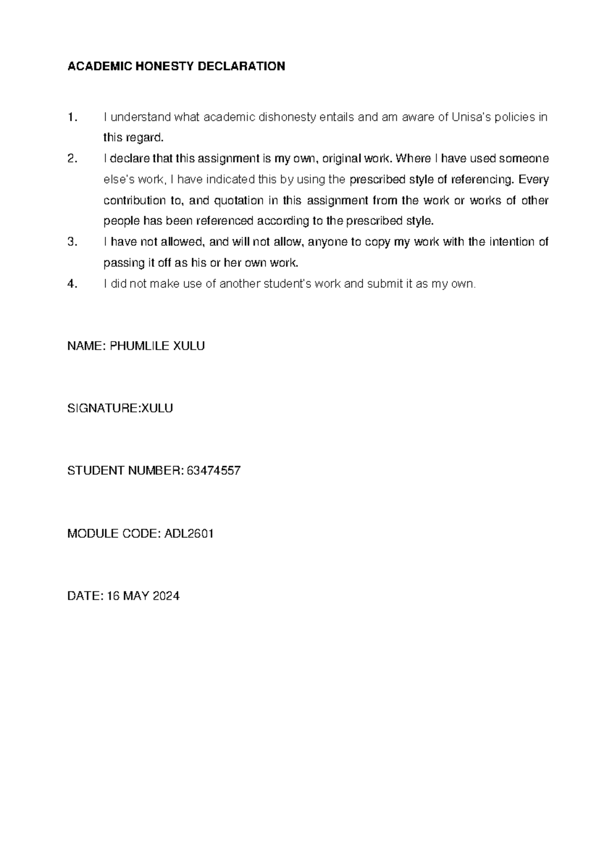 ADL 2601 - Admin Law Exam Notes and Academic Honesty Declaration - Studocu