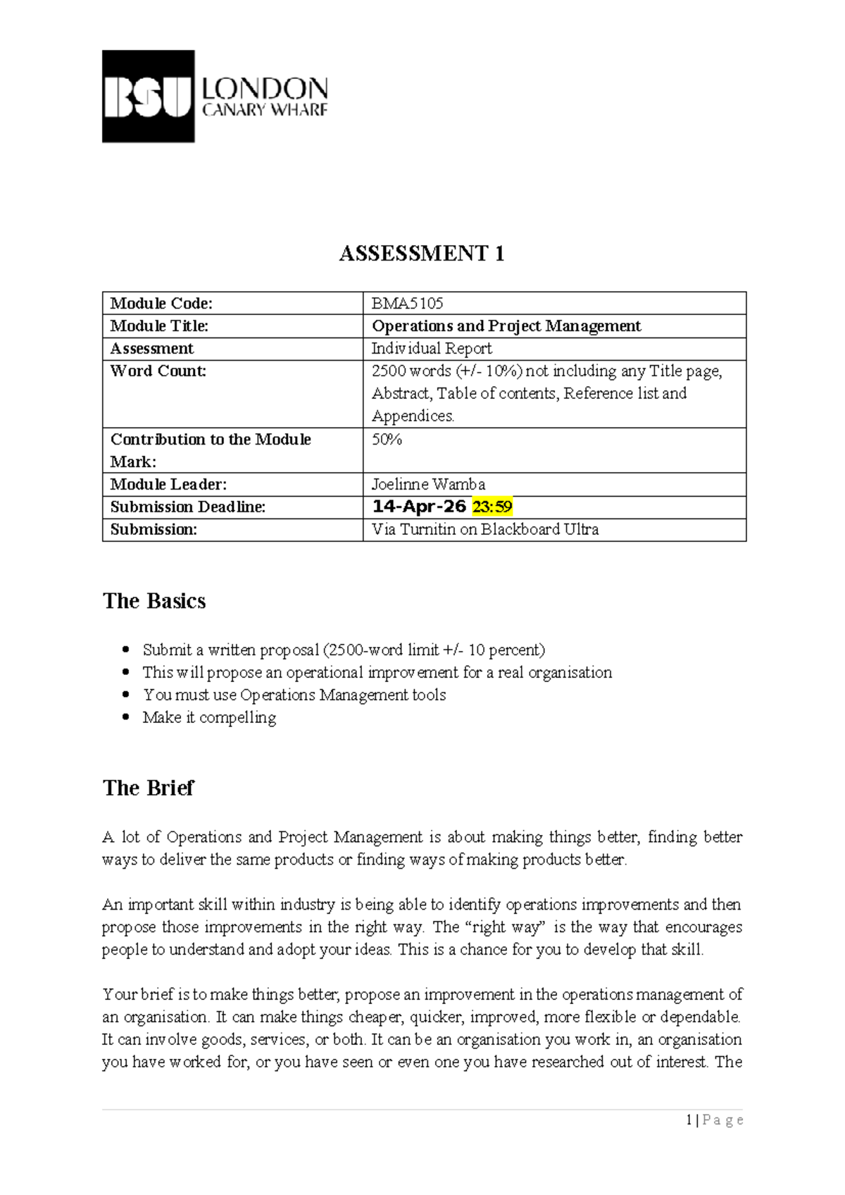 BMA5105 Operations Improvement Proposal: Assessment 1 Brief - Studocu